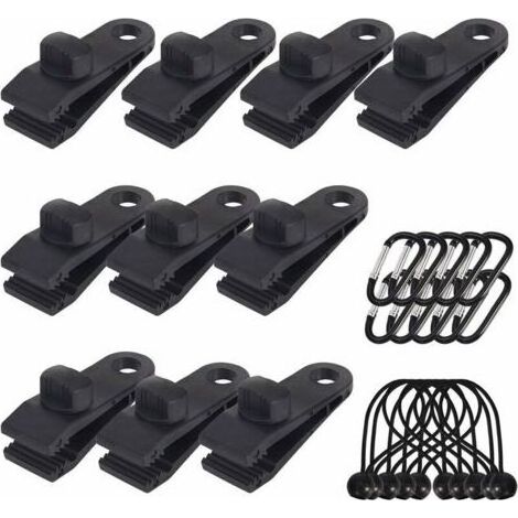 10 pinces pour bâche, support de bâche d'extérieur avec sangles, corde de tension et mousqueton en forme de D pour bâches, auvents, camping, caravanes, housses de voiture (1/5)