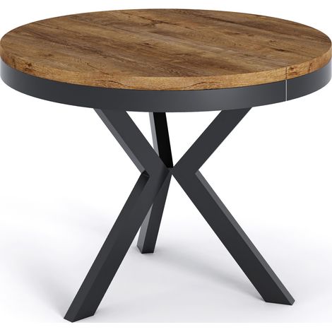 Runder Ausziehbarer Esstisch im Loft-Stil - Industrieller Tisch mit Schwarzen Metallbeinen - Platzsparender Tisch für Wohnzimmer - Lefkas Eiche - 100 bis 140 cm