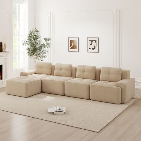 Canapé modular de pana beige con chaise longue, asiento profundo 74 cm, sin montaje (1/5)
