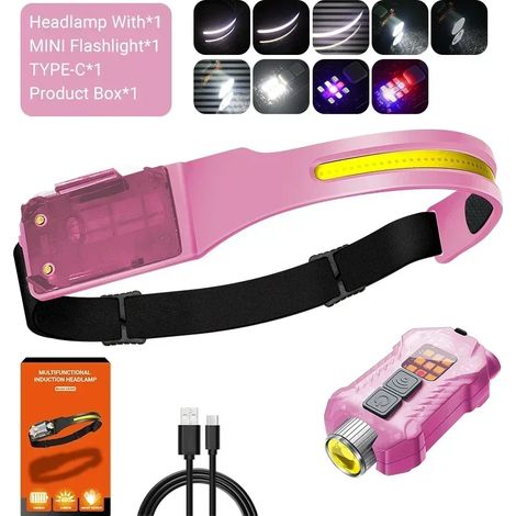 (XW005-rose) Lampe frontale LED à capteur, batterie intégrée, rechargeable USB, lampe torche LED pour le camping, la pêche et la recherche (1/5)