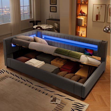 Cama daybed con almacenamiento LED USB gris OKMYHOME (1/5)