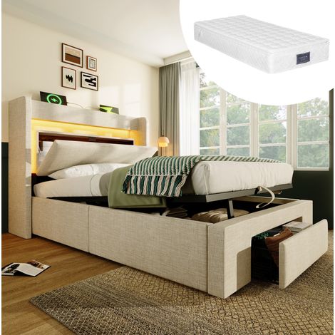 Letto imbottito 90x200 cm beige con contenitore idraulico, LED, USB e USB-C, con materasso (1/5)