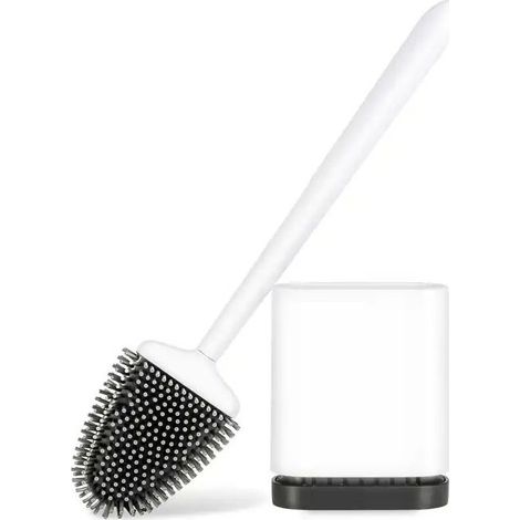 Brosse WC Silicone, Brosse de Toilette Silicone et Support, Balayette WC Suspendu Plate à Séchage Rapide avec Manche Long, Balai Toilette Salle de Bain, Autoportant/Mural, Blanc Mat (1/4)