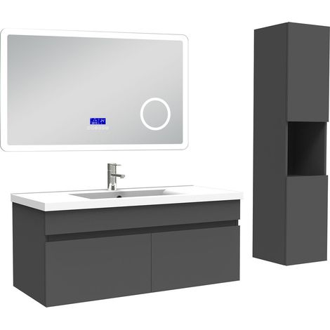 Ocean Ensemble meuble 100 cm anthracite, lavabo céramique + colonne haute + Miroir salle de bain Bluetooth avec 3 couleurs dimmable, suspendu