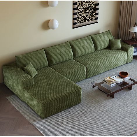 Sofá esquinero modular de 340 cm con chaise longue, tapizado de pana acanalada verde, espuma (1/5)