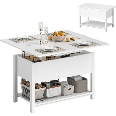 Table basse relevable et extensible table de salon avec compartiment caché étagère ouverte 100x45x50,5cm blanc (1/5)