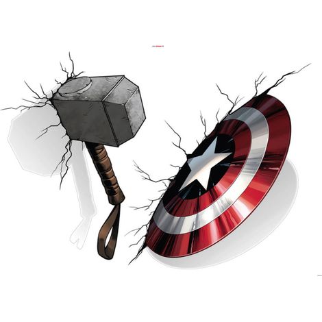 Stickers Muraux Marvel - la Mjollnir de Thor qui enfonce le mur avec le bouclier du captain america - 50x70 cm
