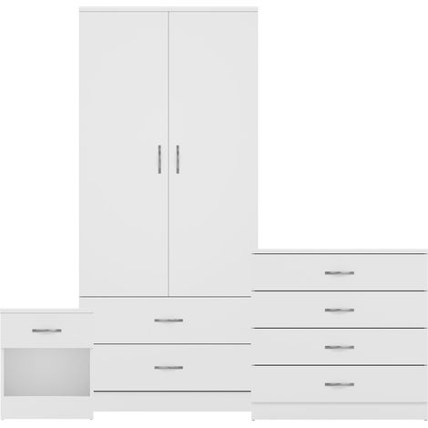 Riano 3 Piece Bedroom Set (1 Drw Bedside Chest, 4 Drw Chest, 2 Door 2 Drw Wardrobe), White (1/3)