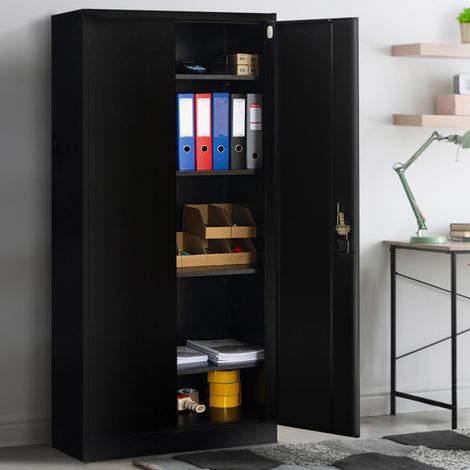 Armario de oficina 80 x 180 cm 4 estantes regulables, 5 niveles, metal negro (1/5)