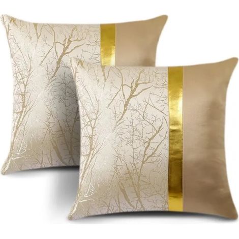 Taie d'oreiller deux pièces pour canapé - Beige avec broderie branche dorée - 45 x 45 cm (1/5)
