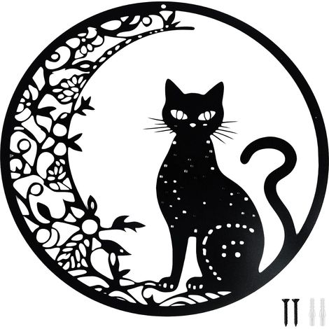 30 cm Decoration Murale Metal, Noir Lune et Chat Deco Murale Metal, Décoration Animaux Art Silhouette Convient Pour Les Salons, Chambres à Coucher, Bureaux Autres (1/5)