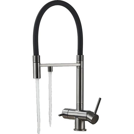 Grifo de cocina, doble manija, caño extraíble, gris. (1/2)