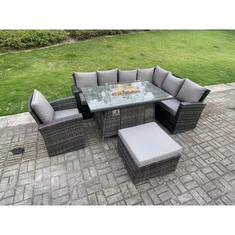 Fimous 8 Seater Outdoor Rattan Gas Fire Pit Sofa Dining Set Garden Furniture Heater Dining Table Chair Dark Grey Mixed Right Side (1/3)