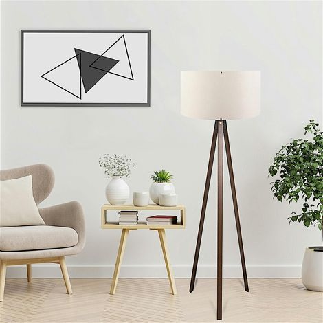 Lampadaire trépied effet bois brun, abat-jour écru KILIS (1/3)
