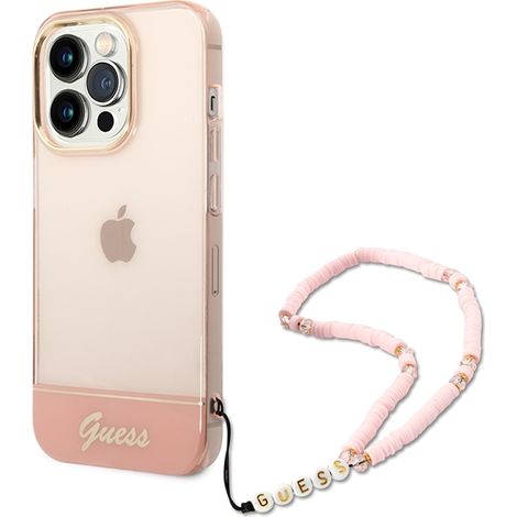 Funda rígida rosa Guess GUHCP14XHGCOHP para iPhone 14 Pro Max 6,7 con correa de perlas translúcidas. (1/5)