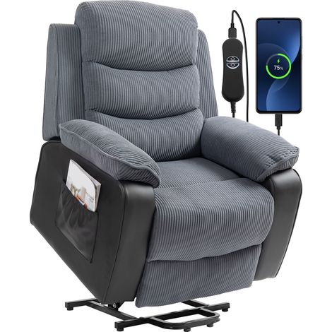 HOMCOM sillón relax reclinable eléctrico levanta personas, con puerto USB, control remoto, reposapiés, tapizado en pana, bolsillos laterales, gris