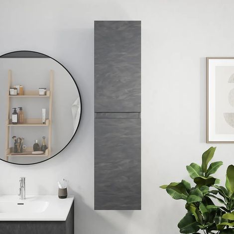 Colonne de salle de bain suspendue hauteur 137 cm deux portes effet béton foncé réversible Yili (1/4)
