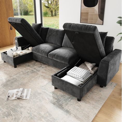 Sofa U-Form mit Stauraum und USB Chenille Grau OKMYHOME (1/5)