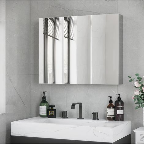 Meuble de salle de bain miroir mural en acier inoxydable argent 70 x 12 x 55 cm OKWISH (1/5)