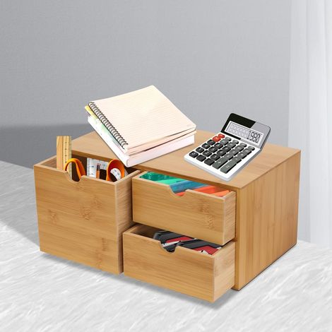 Organiseur de bureau en bois - Mini tiroir d'étagère - Organiseur de bureau - Tiroirs - Boîte de rangement (3 tiroirs) (1/5)