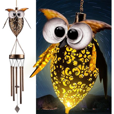 Campana de viento solar para exteriores, decoración de búho, 5 tubos de metal (Búho)