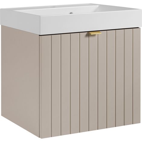 Meuble vasque suspendu HARMO 50 cm avec vasque encastrée en résine Façade rainuré cachemire (1/5)