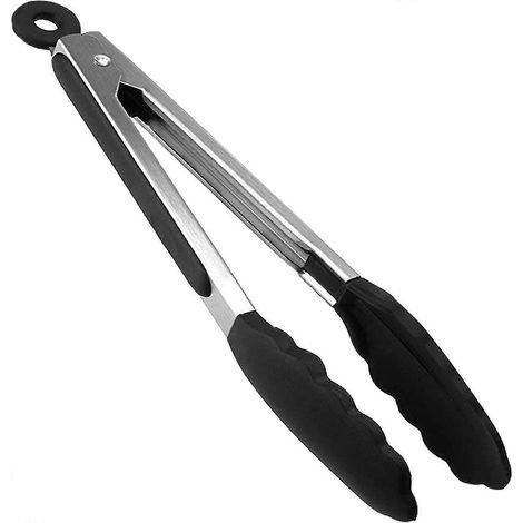 Pince de cuisine en acier inoxydable et silicone, outil de cuisson, pince pour barbecue, pince alimentaire, pince de cuisine en silicone, pince pour buffet, grillades et salades. Couleur : Noir, 26,5 (1/5)