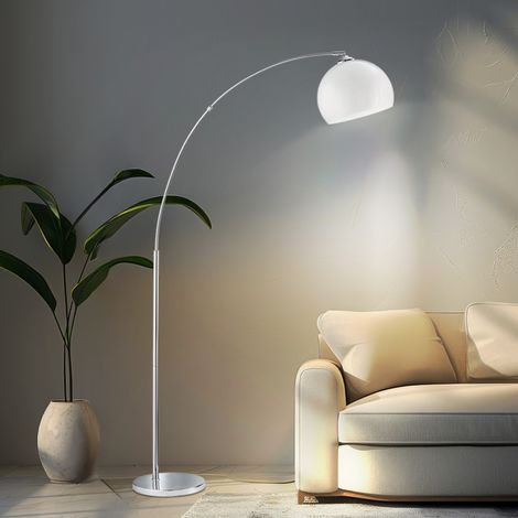 Lampadaire arc pour salon – Métal acrylique chrome blanc – Hauteur 180 cm – Culot E27 – Interrupteur au pied