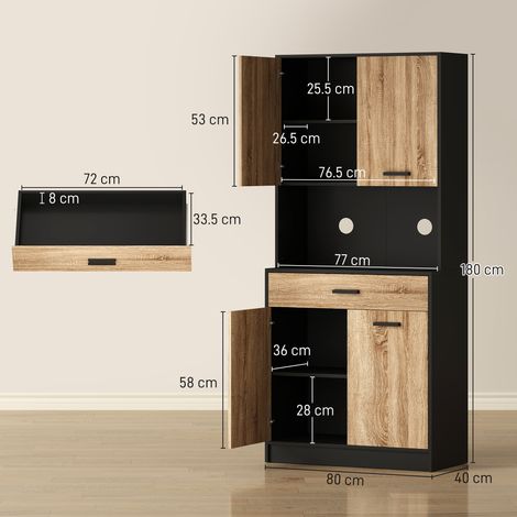Buffet de cuisine en bois avec deux placards à double porte et tiroirs, 80x40x180cm, noir et couleur bois. (1/5)