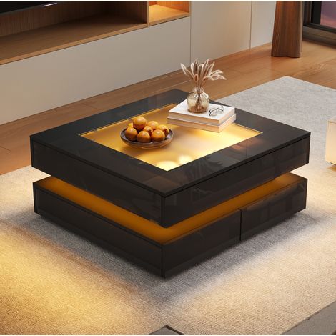 REDOM Tavolino da caffè 70x70x35 cm, con LED e 3 cassetti, piano in vetro temperato, pannello truciolare nero (1/5)