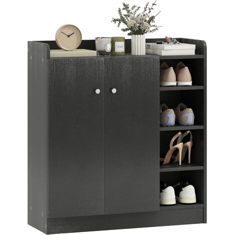 Meuble à chaussures d'entrée avec 4 étagères ouvertes, meuble à chaussures multifonctionnel avec 2 portes et étagères réglables, rangement gain de place pour 12 paires de chaussures, 83 x 30 x 90 cm, 