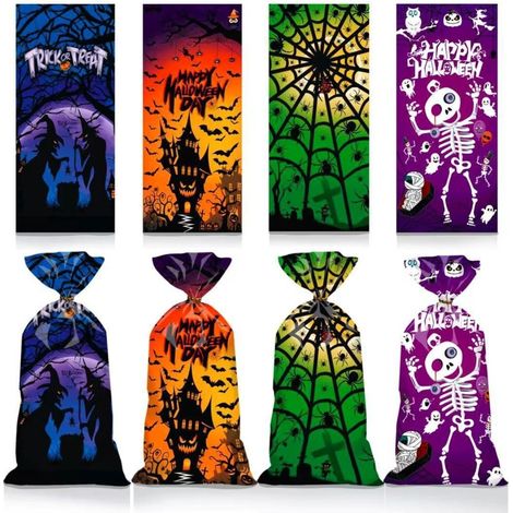 Sachets à bonbons d'Halloween pour friandises et cadeaux - Lot de 50 pour les fêtes, la chasse aux bonbons, les fêtes scolaires, ouverture plate, citrouille-fantôme-araignée, couleurs assorties, 27 cm (1/5)