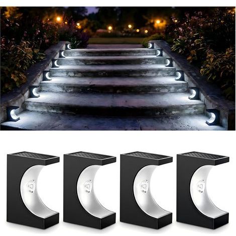 Set mit 4 Solar-Treppenleuchten, dekorative, wasserdichte LED-Treppenleuchten für den Außenbereich, weißes Licht. (1/5)