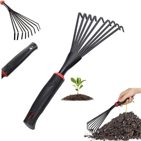 Râteau à main de jardinage, râteau en métal, 9 dents acier inoxydable, petit jardin avec poignée plastique, outils suspendus, jardinage portables pour Noir 1 pièce (1/5)
