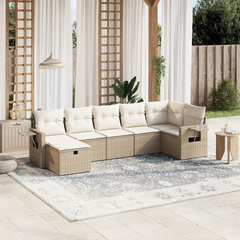 Canapé de jardin 7 places en résine tressée beige avec coussins amovibles – cadre acier, modulable et résistant aux UV (1/4)