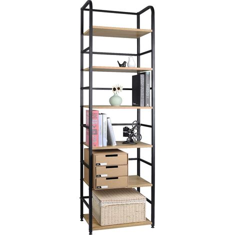 WOLTU EEstantería Independiente de Pie para Libros Estante Alto Estante Industrial de Almacenamiento Estante de Escalera de Flores con 6 Estantes MDF y Metal 50x30x176cm Roble Claro (1/5)
