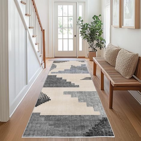 Tapis de Couloir Cuisine 80x300, Tapis de Couloir Lavable à Poils Courts Antidérapant pour Couloir Étroit, Tapis Moderne Géométrique Patchwork Peinture pour Entrée Chambre à Coucher, Noir Gris (1/5)