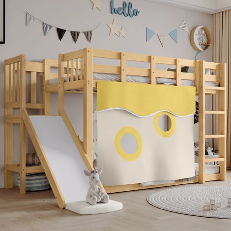 Lit superposé enfant 90x200 cm avec escalier et barrières, rideau de lit, toboggan, en bois, sans matelas, naturel