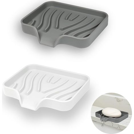 2-teiliges Seifenschalen-Set aus Silikon, Seifenhalter für Badezimmer mit Abfluss, abgewinkelter Seifenhalter, rutschfeste Seifenschalen für Dusche, Küche und Badewanne (Weiß + Grau) (1/5)