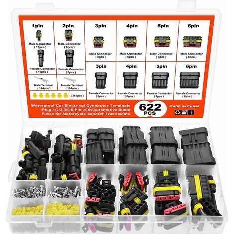 622 pieces waterproof electrical connectors, waterproof electrical connectors for cars, motorcycles, scooters, trucks, marine waterproof connectors. (1/5)
