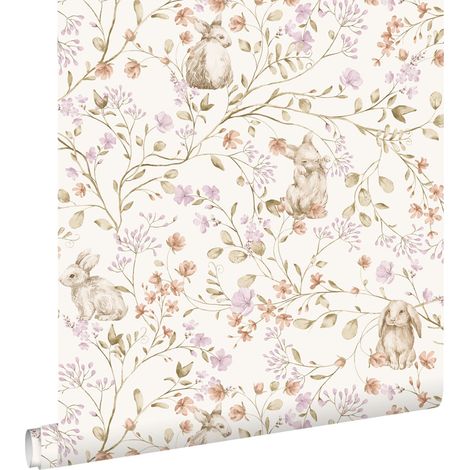 papier peint lapins violet clair, vert et beige - ESTAhome (1/5)