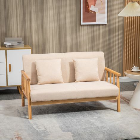Canapé droit 2 places en tissu lin beige – Cadre en bois – Dimensions 123 × 69 × 74 cm– compact pour salon ou petit appartement – style scandinave (1/5)