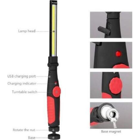 Lampe De Travail LED - Rechargeable Sur Batterie - Support Magnetique - Rotation 360 Degres Et 180 Degres - Pour Atelier Et Automobile - Lot De 2 (1/5)
