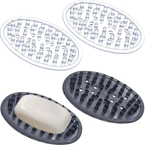 Lot de 4 porte-savon en plastique transparent et noir fumé - Assiettes ovales avec écoulement - Porte-savon antidérapant pour salle de bain, cuisine et lavabo (1/5)
