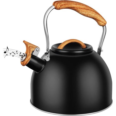 Bouilloire Sifflante, Bouilloire Sifflante Induction 3L, Retro Théière avec Sifflet, Vintage en Acier Inoxydable, avec Poignée en Bois Anti-brûlure, pour Thé, Café (1/5)