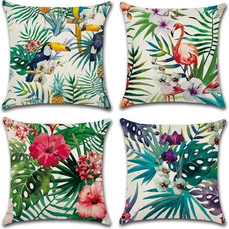 Set mit 4 dekorativen Kissenbezügen mit tropischem Blättermuster, 45 x 45 cm, für Sofa, Wohnzimmer, Bett und Außenbereich