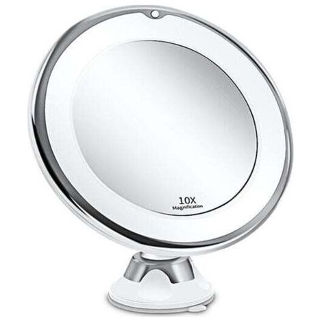 Miroir Grossissant 10x - Lumineux LED avec Forte Ventouse - Batterie - Miroir Maquillage avec Lumière Natur Dimmable pour Les Salles de Bain - Blanc (1/4)