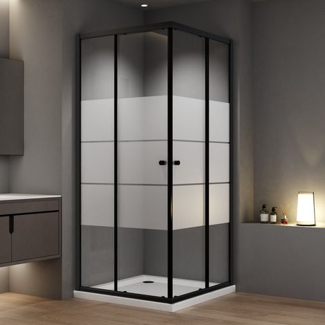Duschkabinen Schiebetür 75x90 cm Schwarz Eckeinstieg Duschabtrennung mit Doppel Schiebetüren, 6mm ESG Glas mit weißen Querstreifen-Dekor, Duschwand Höhe 185cm (1/5)