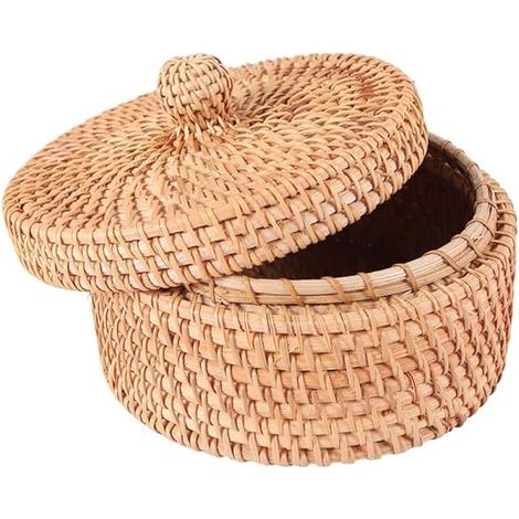 Boîte de Rangement en Rotin Tissé à la Main, Panier en Osier avec Couvercle, Récipient Alimentaire, Panier Cuisine Organisateur pour Pique-Nique Pain Gâteau Aux Fruits, Boîte Décor (1/5)