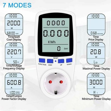 Compteur d'électricité, compteur de coût énergétique, compteur de consommation d'électricité, compteur d'électricité rétroéclairé pour prise Max 3680W/16A (1/5)